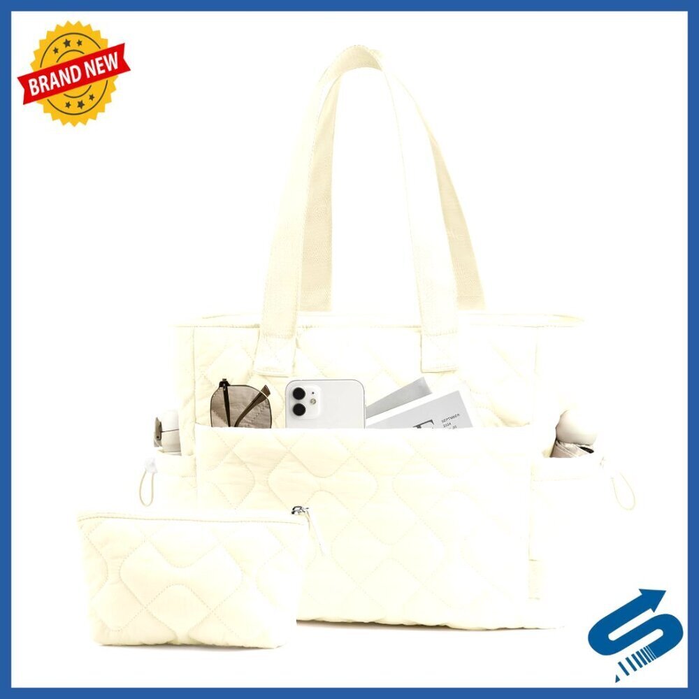 Puffy Quilted Tote Bag, 15.6" Laptop Compartment, Water-Resistant, Travel & Gym